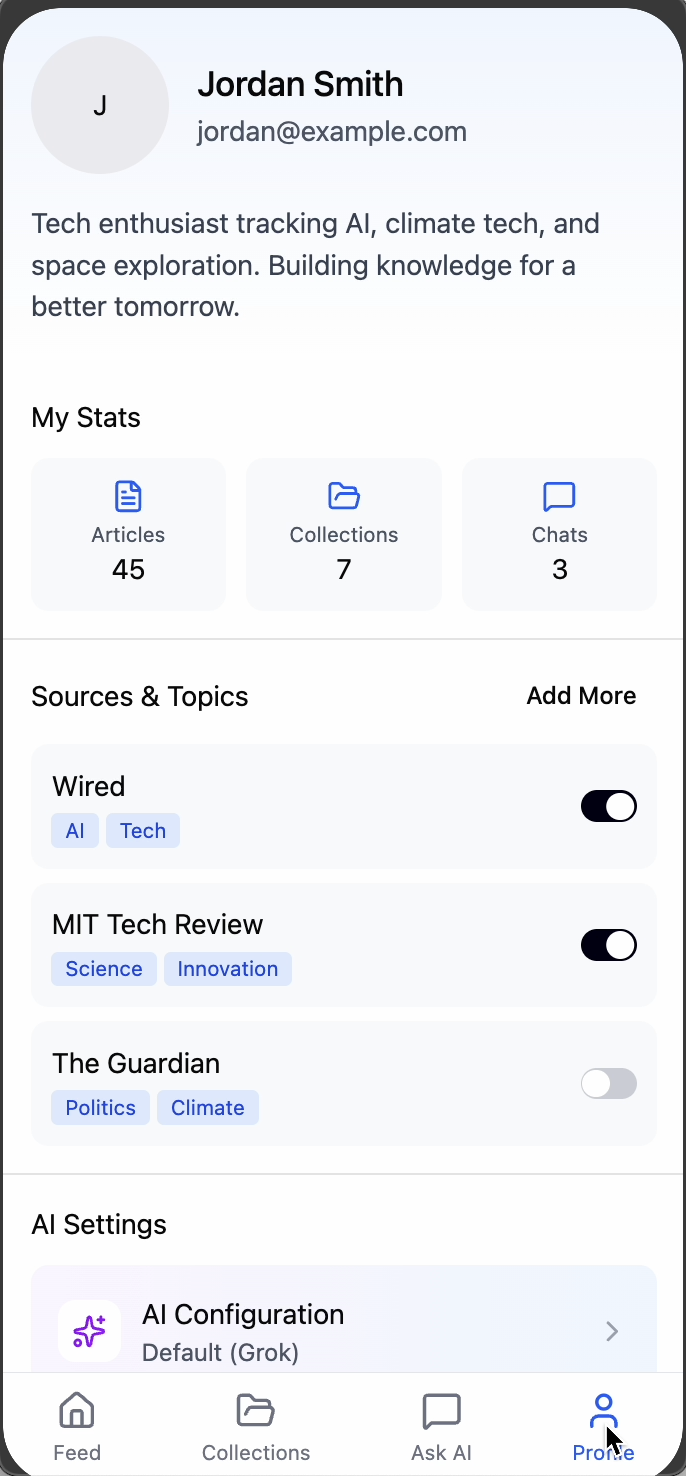 CatchUp Profile and Sources screen