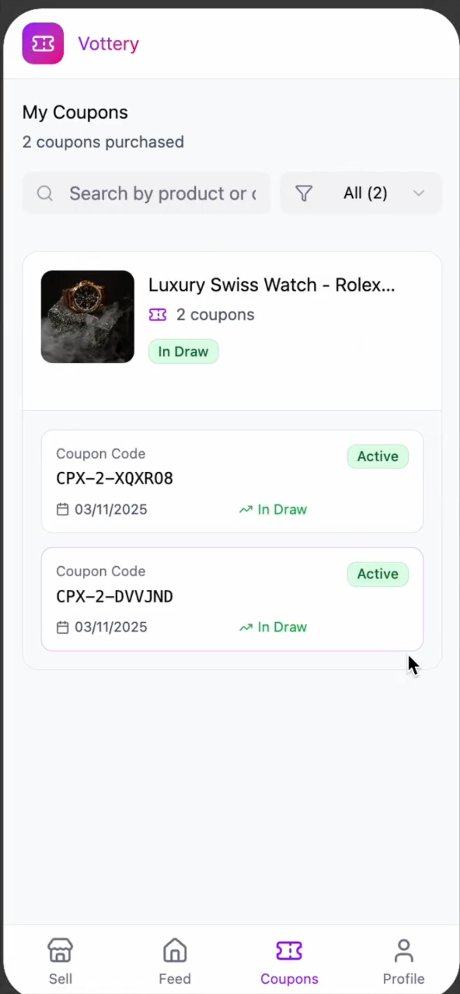 Vottery My Coupons screen